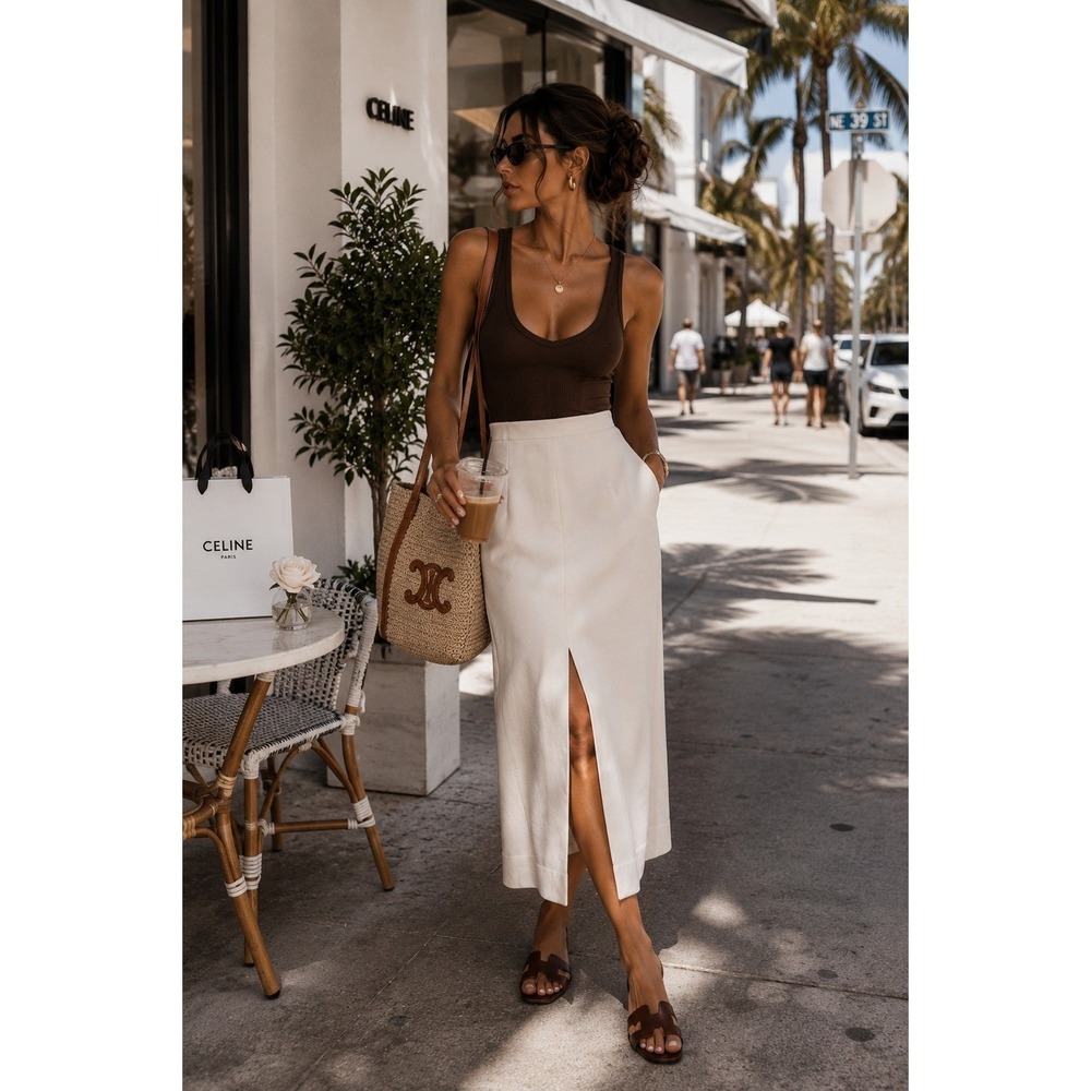 MM.LaFleur Oatmeal Beige Textured Crepe Front Slit Midi Skirt Womens 10 HighRise